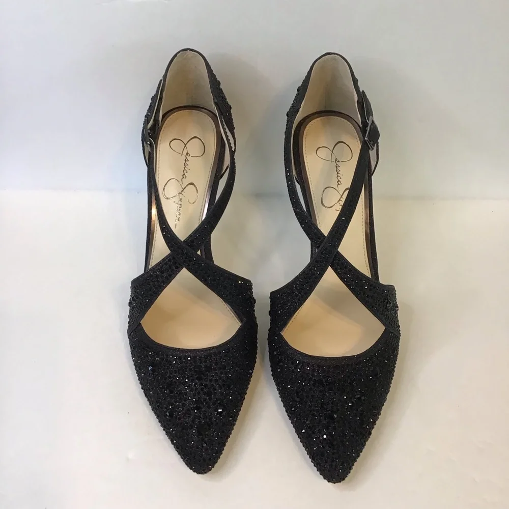 JESSICA SIMPSON Women's ACCILE Black Rhinestone Sparkle Stiletto Heels 8.5 NEW
